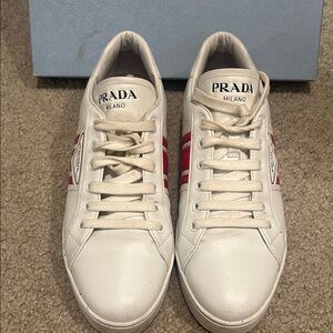 Prada White Sneakers with Red Stripes